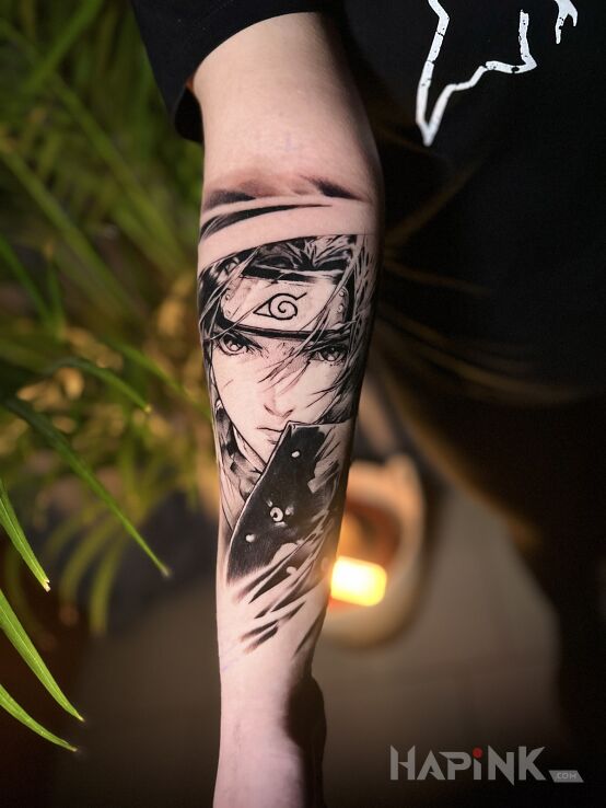 Tattoo Naruto in black and gray motif and graphic / illustrative style on the forearm