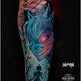 Tattoo Alice in Wonderland color on the forearm motif: fantasy style: graphic / illustrative