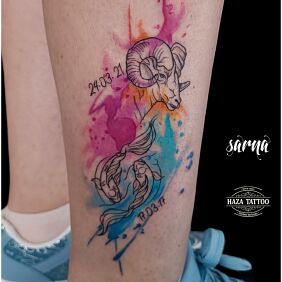 Tattoo Zodiac signs on the calf motif: zodiac signs style: Watercolor