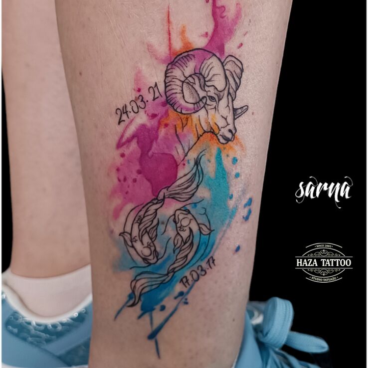 Tatuaż znaki zodiaku w motywie znaki zodiaku i stylu watercolor na nodze