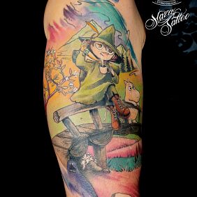 Tattoo Wanderer on the upper arm motif: characters style: Watercolor