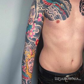 Tatuaż Rękaw w stylu japońskim na bicepsie motyw: twarze styl: japońskie / irezumi
