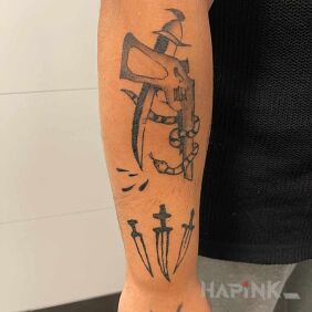 Tattoo Tattoo inspired by Polish criminal tattoo. on the forearm motif: objects style: graphic / illustrative