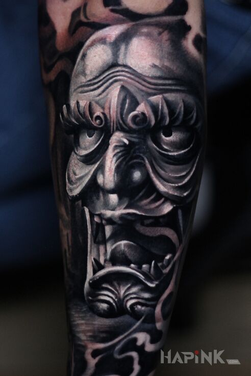 Tattoo Realistyczna maska  Hannya in 3D motif and realistic style On the arm