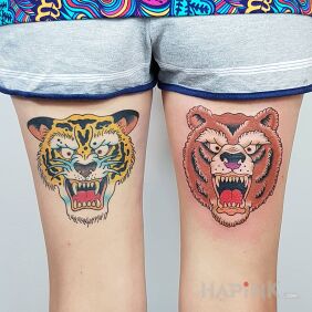 Tattoo Tiger and bear on the leg motif: colorful style: oldschool