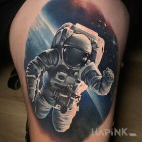 Tattoo Houston, we have a problem! on the thigh motif: science fiction style: realistic