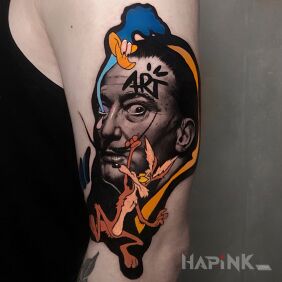 Tattoo Salvador Dalí Road Runner Daffy Duck On the arm motif: fantasy style: graffiti