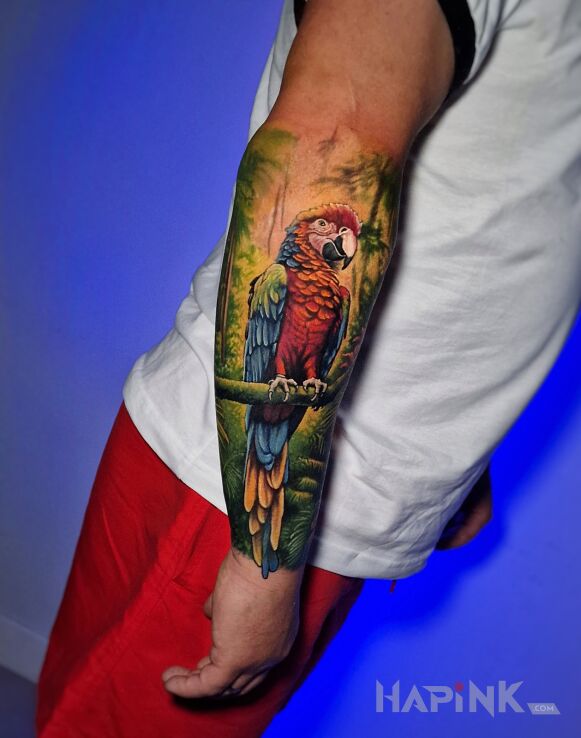 Tattoo Kolorowy papuga na przedramieniu in nature motif and realistic style on the forearm