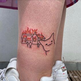 Tattoo Anarchist cat on the leg motif: funny style: ignorant