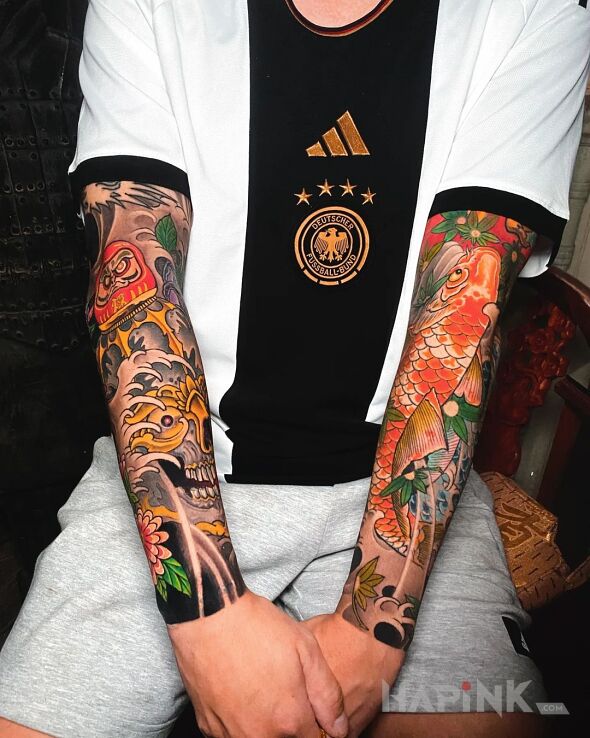 Tattoo Japoński pełny kolorów in skulls motif and japanese / irezumi style on the forearm