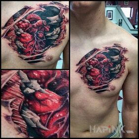 Tattoo Heart on the chest motif: anatomical style: realistic