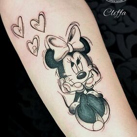Tattoo Minnie tattoo on the forearm motif: characters style: sketch