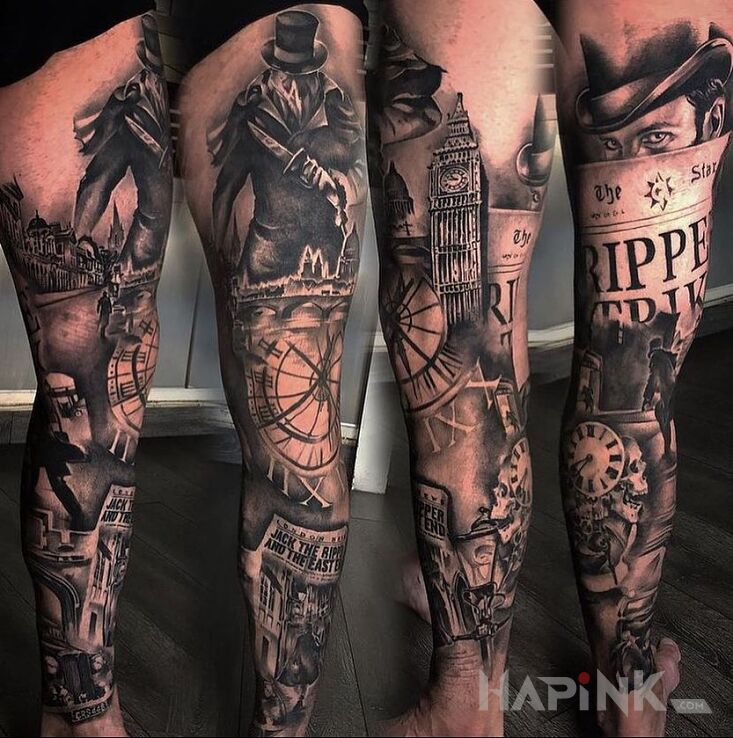 Tattoo Kuba Rozpruwacz in characters motif and realistic style on the tibia
