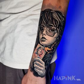 Tattoo Woman on the forearm On the arm motif: 3D style: realistic