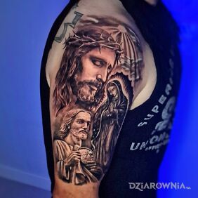 Tatuaż Motyw religijny na ramieniu na ręce motyw: twarze styl: realistyczne