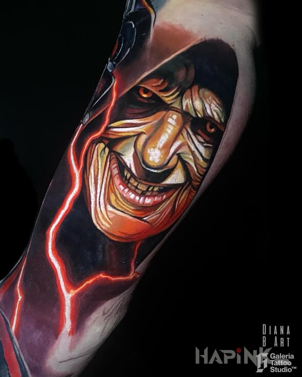 Tattoo Palpatine Star Wars in characters motif and realistic style on the bicep