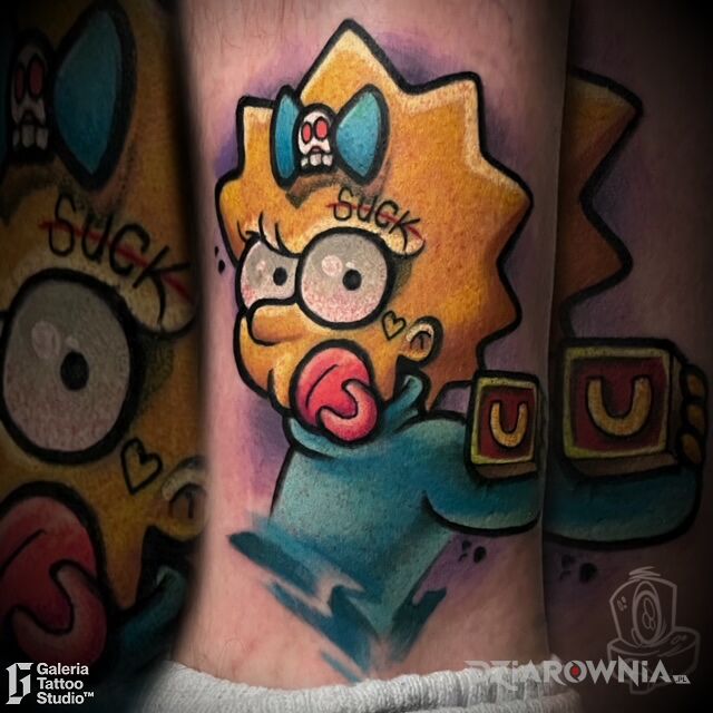 Tatuaż maggie simpson w motywie kolorowe i stylu newschool na łydce