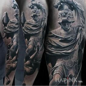 Tattoo Greek 3D on the upper arm motif: characters style: realistic