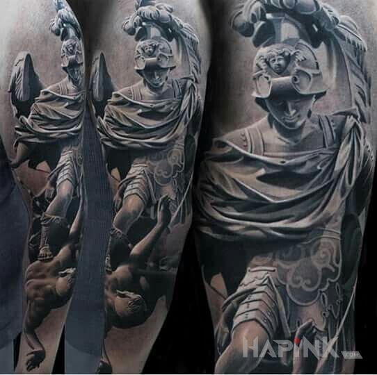 Tattoo Greka 3D in characters motif and realistic style on the upper arm