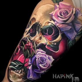 Tattoo Skull roses On the arm motif: colorful style: realistic