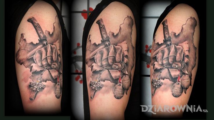 Tatuaż zabór polski w motywie 3D na ramieniu