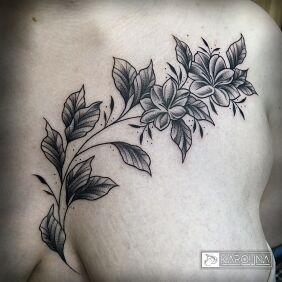 Tattoo Leaves and Flowers between the breasts motif: floral style: dotwork