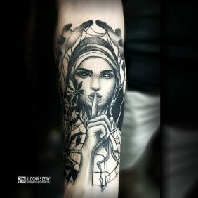 Tattoo Mystery and Control, Eloquently and Ascetically on the forearm motif: dark style: graphic / illustrative