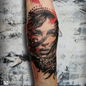 Tattoo Scorpion woman on the forearm motif: dark style: trash polka