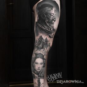 Tatuaż Japońska Noga na udzie motyw: czarno-szare styl: realistyczne