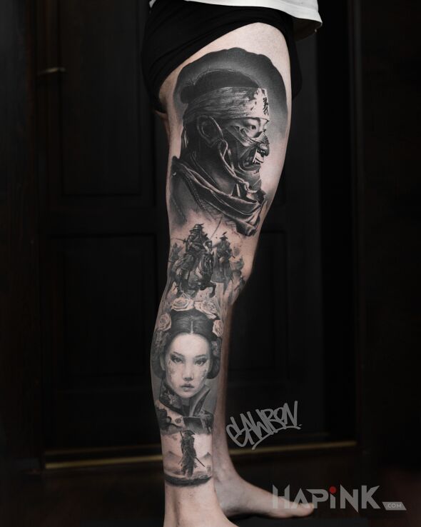 Tattoo Japońska Noga in legsleeves motif and realistic style on the leg