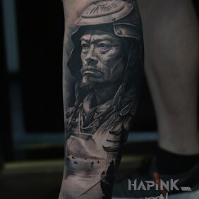 Tattoo Japanese grandfather on the calf motif: faces style: realistic