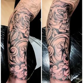 Tattoo Not finished yet on the forearm motif: black and gray style: realistic