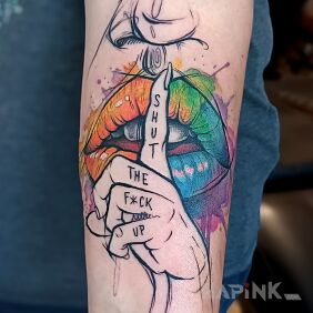 Tattoo Silence. Quiet. Don't say anything! On the arm motif: colorful style: Watercolor