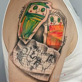 Tattoo Child's world part 2 on the upper arm motif: colorful style: realistic