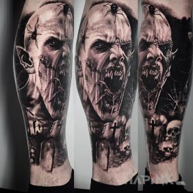 Tattoo Nosferatu. Demon. Spiders. Cover Up. on the leg motif: skulls style: realistic