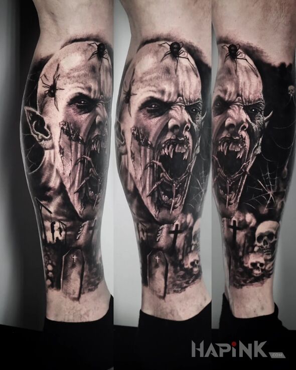 Tattoo Nosferatu. Demon. Pająki. Cover Up. in insects motif and realistic style on the leg