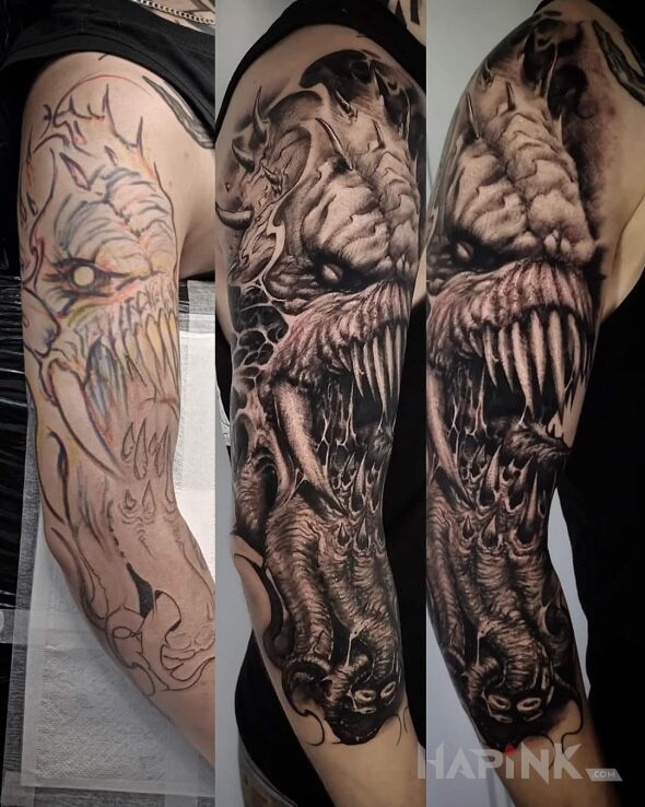Tattoo Demon. Freehand. Bioorganika. in dark motif and organic style on the upper arm