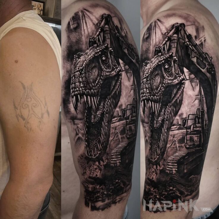 Tattoo T-Rex. Koparka. Cover Up. in cover-up motif and realistic style on the upper arm