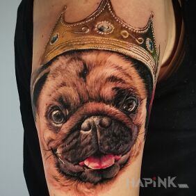 Tattoo Dog. Pug. Pet. Crown. On the arm motif: funny style: realistic