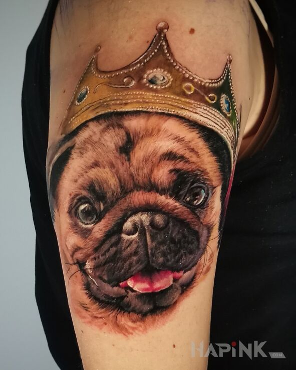 Tattoo Pies. Mops. Pupil. Korona. in colorful motif and realistic style On the arm