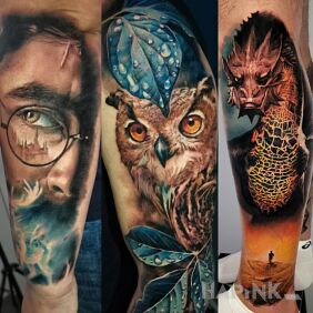 Tattoo Harry. Owl. Smaug. Color. on the tibia motif: animals style: realistic