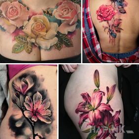 Tattoo Flowers. Realism. Full color. on the leg motif: nature style: realistic