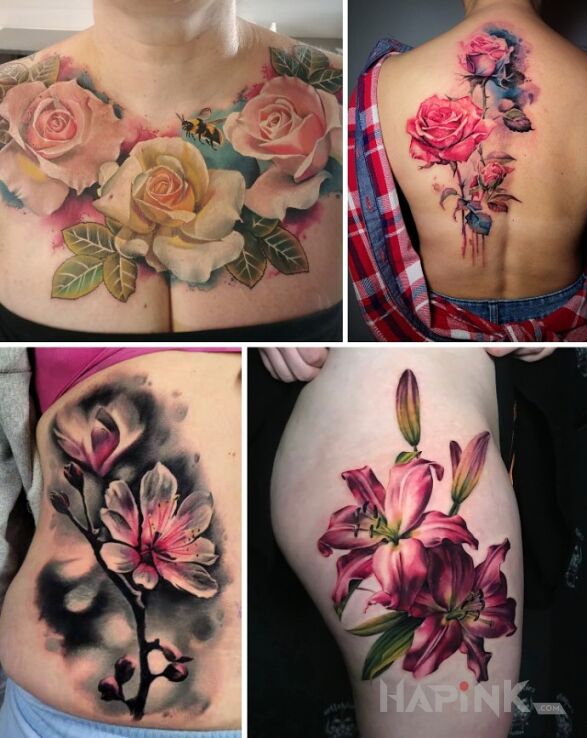 Tattoo Kwiaty. Realistyka. Full kolor. in flowers motif and realistic style on the back