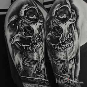 Tattoo Sparta. Skull. 300. on the upper arm motif: skulls style: realistic