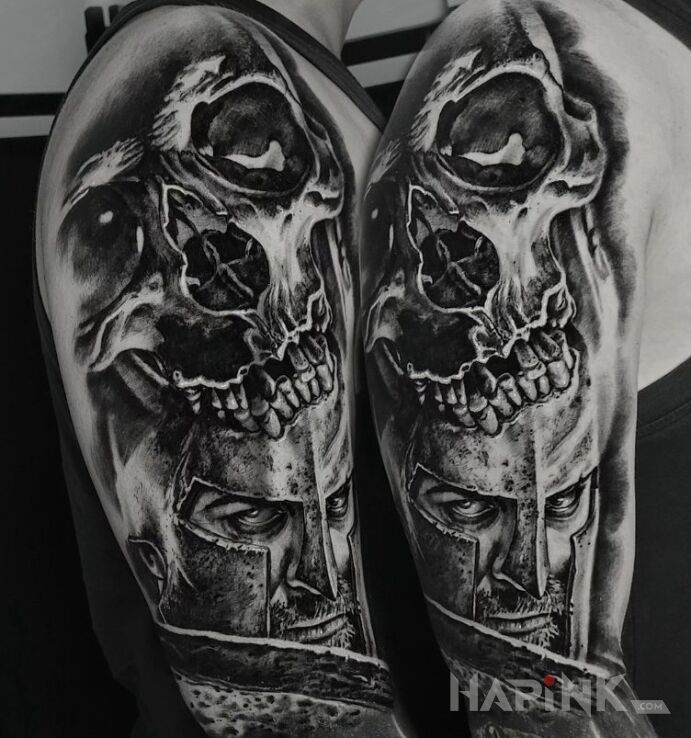 Tattoo Sparta. Czaszka. 300. in faces motif and realistic style On the arm