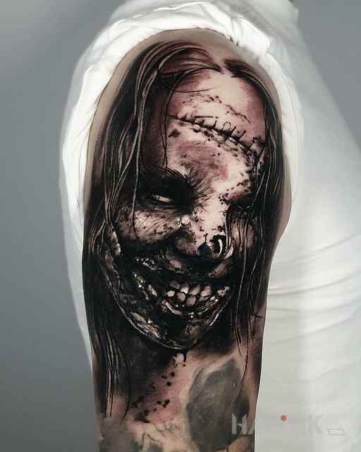 Tattoo Horror. Kobieta. Twarz. in dark motif and realistic style On the arm