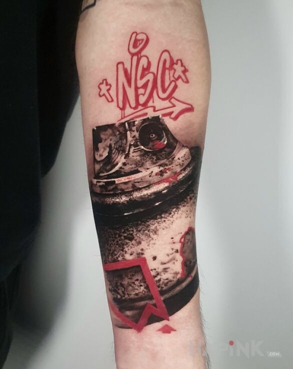 Tattoo Spray. Graffiti. Hip Hop. in objects motif and realistic style on the forearm