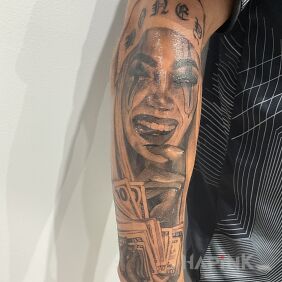 Tattoo Honey money on the forearm motif: faces style: realistic