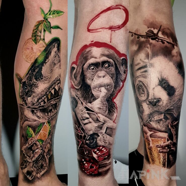 Tattoo Rekin. Małpa. Panda. in funny motif and newschool style on the leg