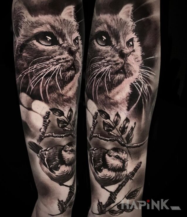 Tattoo Zwierzaki. Kot. Sikorka. in animals motif and realistic style on the forearm
